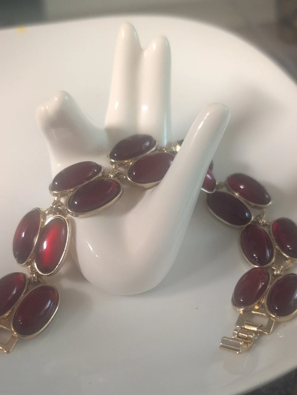 Vintage Mid- Century Gold Tone Double Cabochon Link Panel Bracelet